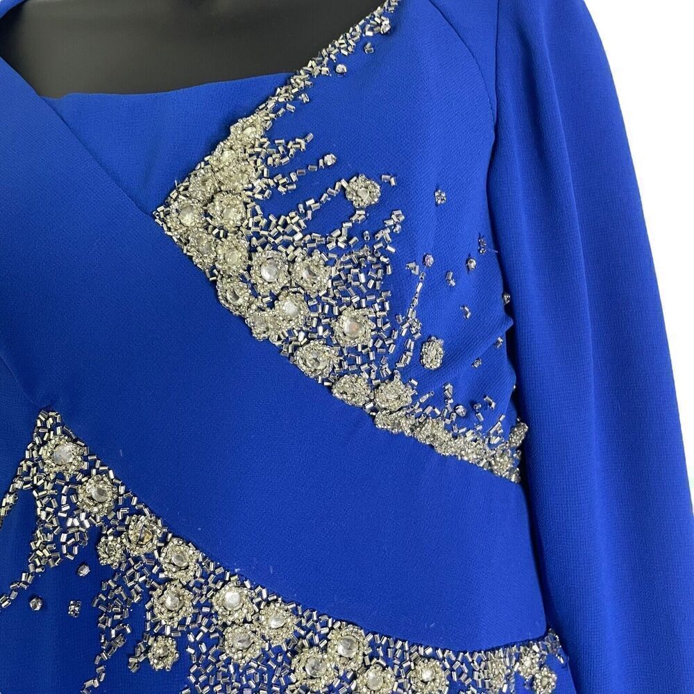Lilli Diamond Vintage Blue Sheath Midi Rhinestone Beaded Dress Long Sleeve 10 - Picture 3 of 15